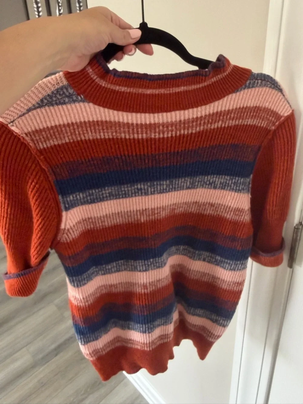 Free People Striped Knit Short Sleeve Sweater in Rust, Navy & Blush Pink - Picture 2 of 4